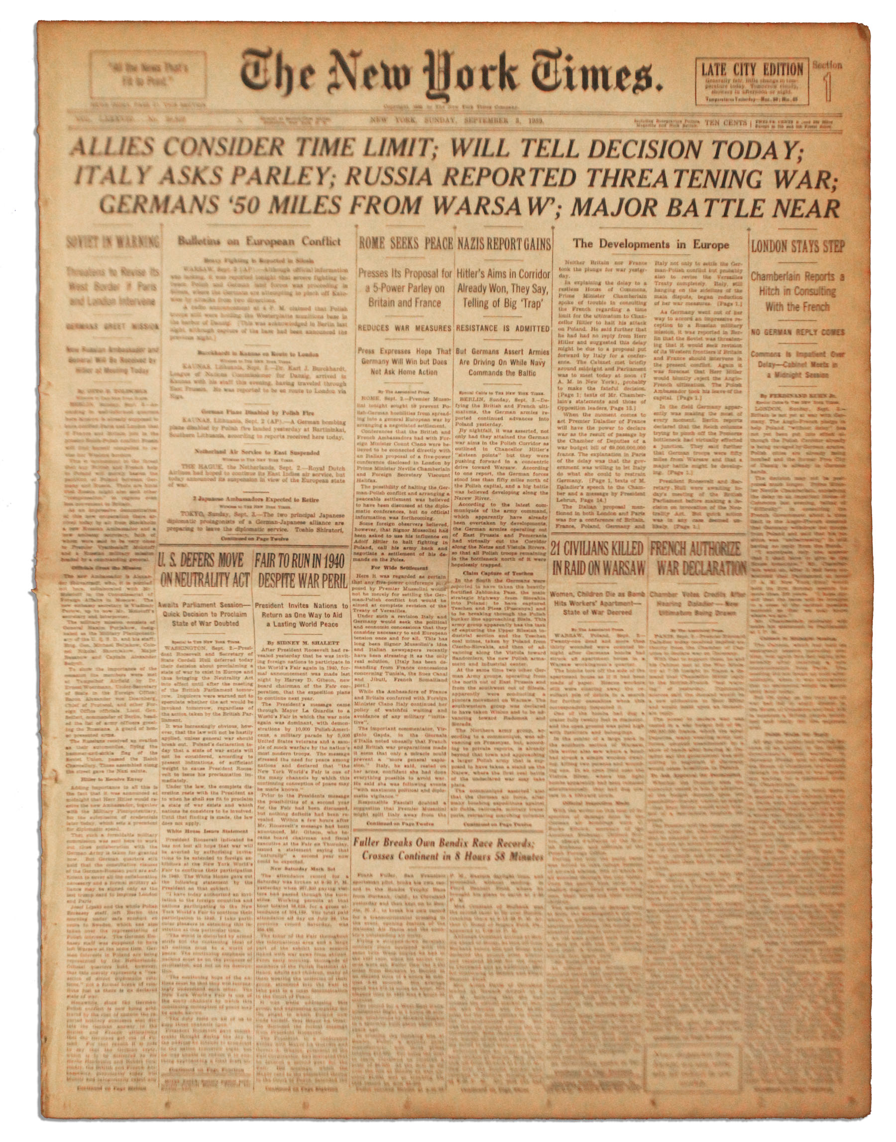 Lot Detail 3 September 1939 Of The New York Times Russia Reported Threatening War