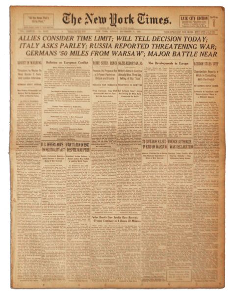3 September 1939 of ''The New York Times'' -- ''Russia Reported Threatening War'' -- The Day Britain and France Declare War