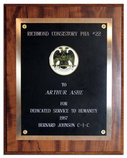 Arthur Ashe's Masonic Award From Richmond Consistory PHA #22 -- Presented in 1987