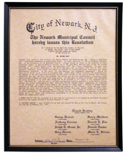 Arthur Ashe Memorial Resolution Adopted by the Newark City Council -- ''...this century's most prolific and gifted athlete...''
