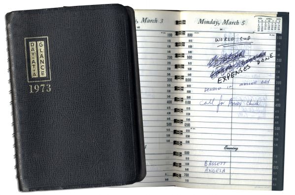 Arthur Ashe's Day Planner From 1973 -- Part of The Year He Chronicled in His Book, Portrait in Motion About His Whirlwind Years of Tennis
