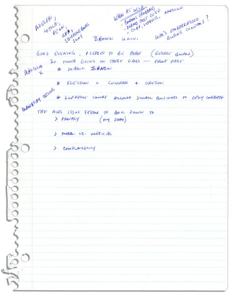 Arthur Ashe's Notes For a Speaking Engagement at Brown University