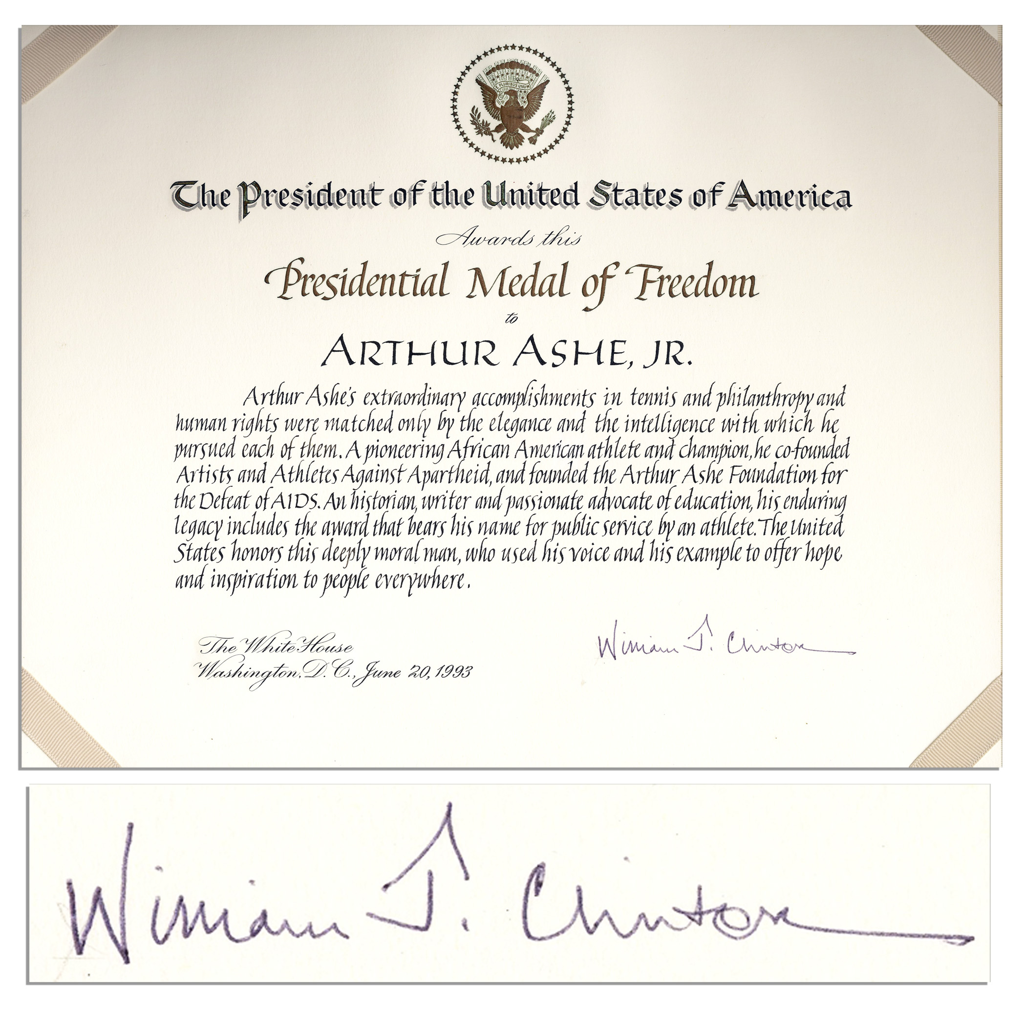 Bill Clinton Memorabilia Certificate That Accompanied Arthur Ashe's Presidential Medal of Freedom -- Signed by Bill Clinton as President With Rare ''William J. Clinton'' Signature