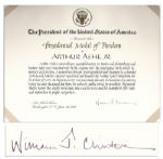 Certificate That Accompanied Arthur Ashes Presidential Medal of Freedom -- Signed by Bill Clinton as President With Rare William J. Clinton Signature