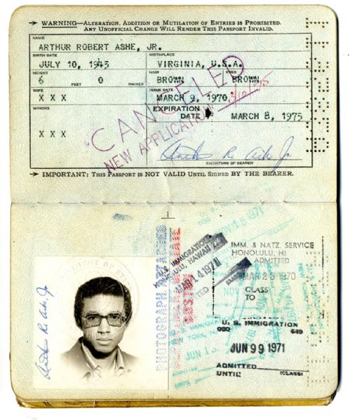 Arthur Ashe 1970 Passport -- Containing The Stamp From His Historic First Entry Into Apartheid South Africa