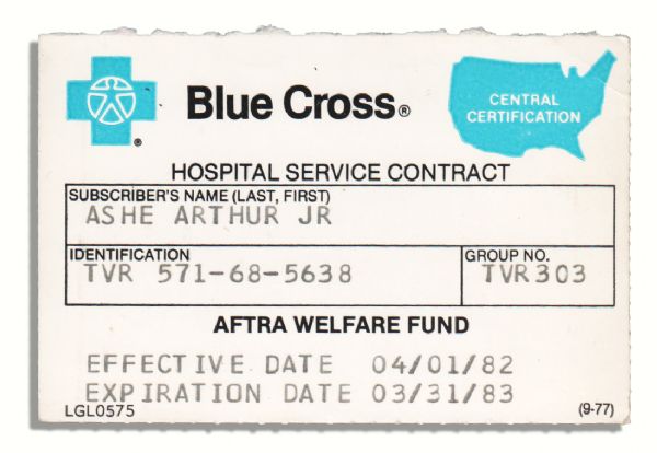 Arthur Ashe's Blue Cross Card From 1982-1983 -- During His Battle With Heart Disease