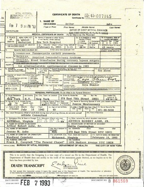 Arthur Ashe's Death Certificate