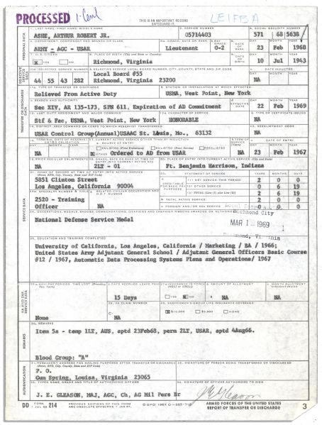 Arthur Ashe's Army Discharge Document