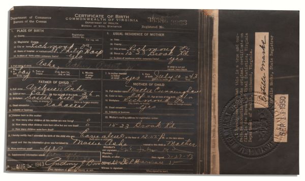 Arthur Ashes Birth Certificate on Microfilm
