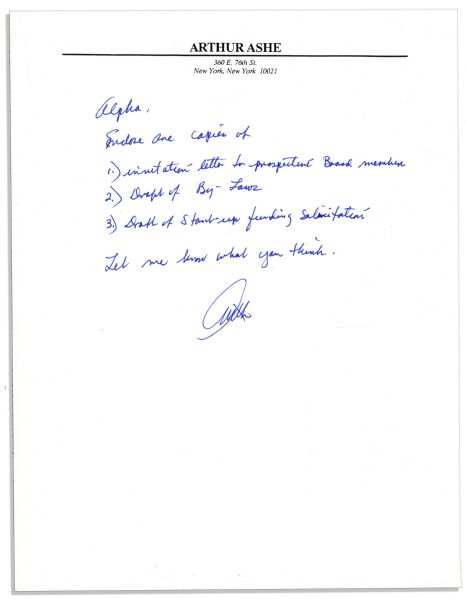 Arthur Ashe Handwritten Note Signed -- Accompanying an ''African American Athletic Association'' Board Members Report