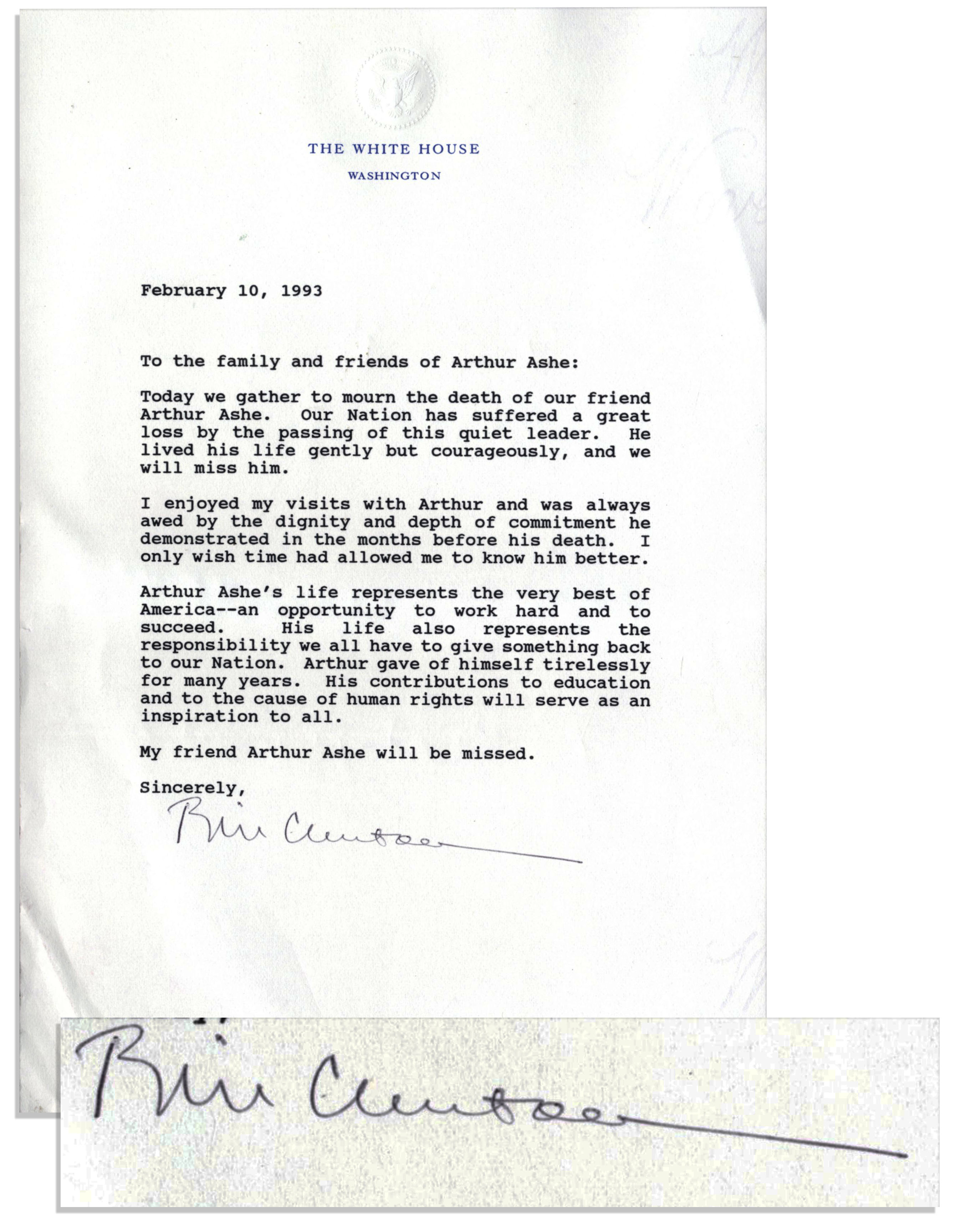 Bill Clinton Memorabilia Bill Clinton Typed Letter Signed on White House Stationery Offering Condolences to the Family of Arthur Ashe the Week He Passed Away -- ''...I enjoyed my visits with Arthur...''