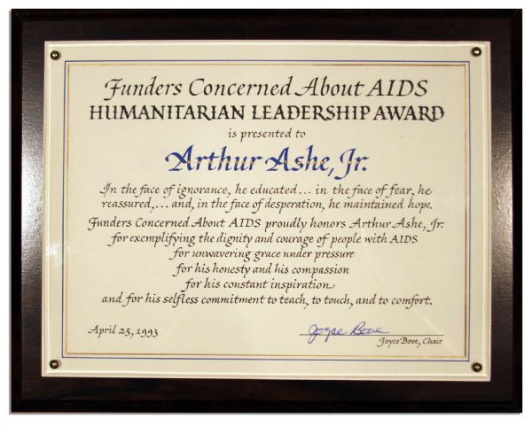 Arthur Ashe's Humanitarian Leadership Award Plaque -- Awarded Posthumously by Funders Concerned About AIDS