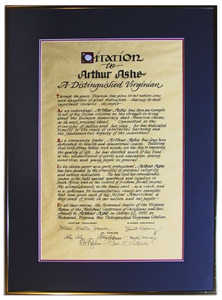 State of Virginia ''Citation'' Awarded to Commemorate Arthur Ashe, Who Was From Richmond
