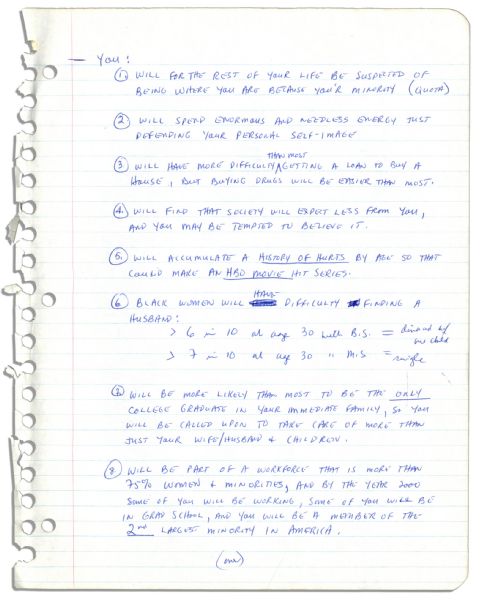 Arthur Ashe's Handwritten Notes for a Speech to Black Graduates -- ''...Affirmative action for me was a last resort...The rest of America basically doesn't like us...''