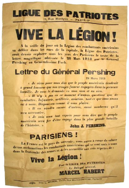 Rare 1918 WWI French Broadside -- Commemorates General John Pershing's American Expeditionary Force