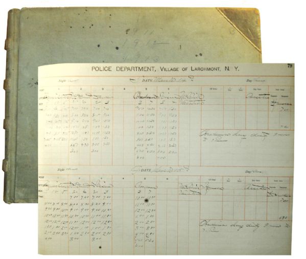 Larchmont, NY Police Department Log Book -- Records Incidents in Larchmont Luxury Community -- 1911-1913 -- 21.5'' x 16.5''