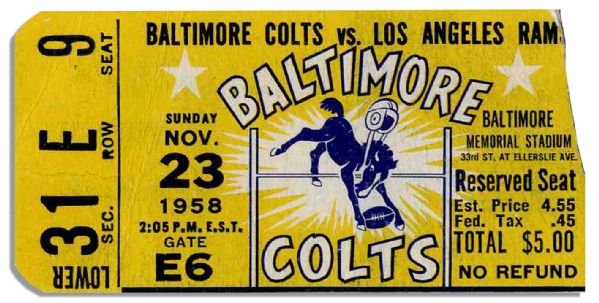 Baltimore Colts vs. Los Angeles Rams 1958 Ticket Stub -- 1.75'' x 3'' -- Very Good 