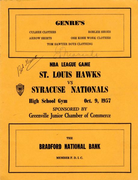 St. Louis Hawks vs. Syracuse Nationals Program -- 9 October 1957 -- Signed by ''Easy'' Ed Macauley -- Cover Folds -- Very Good