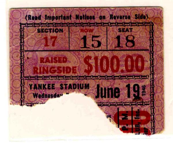 Joe Louis vs. Billy Conn Ticket Stub -- 19 June 1946, Yankee Stadium -- Ringside Ticket -- Closed Tear, Good