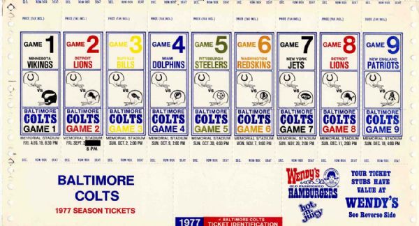 Baltimore Colts 1977 Season Tickets Uncut Sheet -- Measures 14'' x 7'' -- Exact Seating Not Determined -- Overall Near Fine