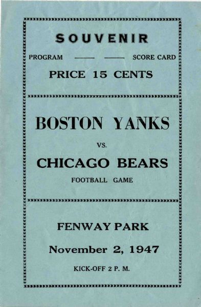 Boston Yanks vs. Chicago Bears Program -- Early Incarnation of Baltimore Colts -- 2 November 1947, Fenway Park -- Near Mint