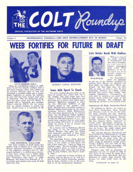 Baltimore Colts Official Publication ''The Colt Roundup'' -- Winter 1959, Volume 5 -- 3.5pp -- Edgewear, Else Very Good Condition