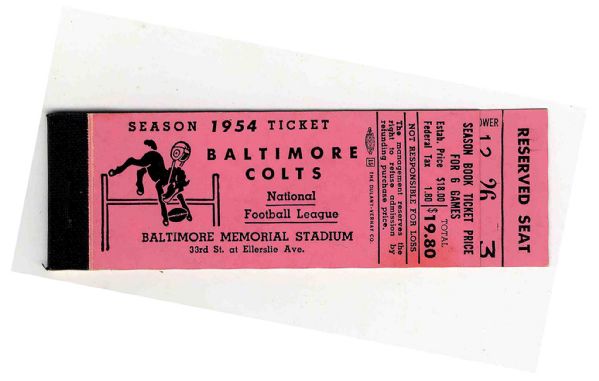 1954 Baltimore Colts Season Ticket Book -- All Tickets For Lower Section Reserved Seats Removed -- 5.5'' x 1.75'' -- Fine Condition