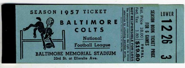 1957 Baltimore Colts Season Ticket Book -- All Tickets For Lower Section Seats Removed -- 5.5'' x 1.75'' -- Fine Condition
