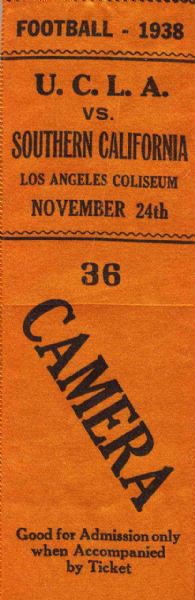 UCLA vs. USC Game Ribbon -- 24 November 1938, Los Angeles Coliseum -- Measures 2'' x 6.25'' -- Very Good