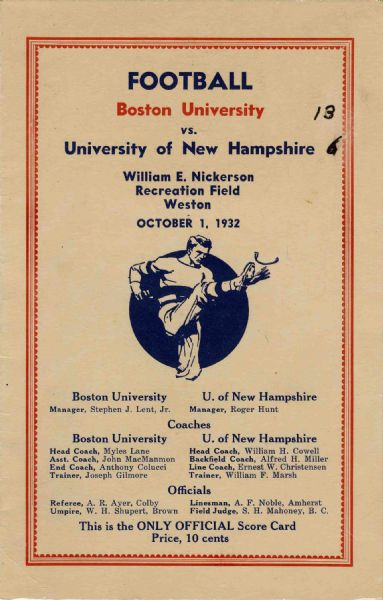 Program for Boston University vs. University of New Hampshire -- 1 October 1932 -- Near Mint