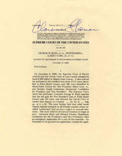 Clarence Thomas Decision in the Supreme Court Case of Bush v. Gore -- Signed in Bold Blue Ink -- 13pp., 8'' x 10'' -- Excellent