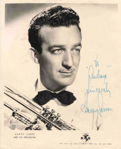Harry James Signed Publicity Photo -- ''To 'Audray [?] / Sincerely Harry James'' -- 7.75'' x 9.5'' -- Wear, Else Very Good