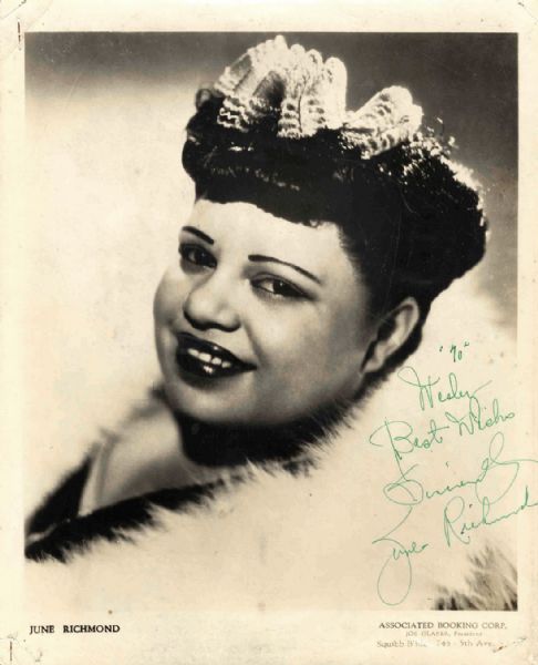 June Richmond Signed 8'' x 10'' Photo -- Signed ''To Wesley Best Wishes Sincerely June Richmond'' -- Wear, Else Good