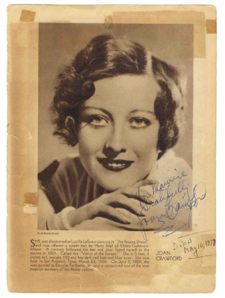 Joan Crawford Magazine Photo -- Signed ''For Maurice / Gratefully / Joan Crawford'' -- 8'' x 10'' -- Toning & Wear, Very Good