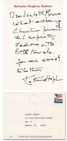 Katharine Hepburn ALS on Personal Stationery -- Cover Dated 7 Dec. 1993 -- ''...What a charming Christmas present...you are sweet...'' -- Excellent