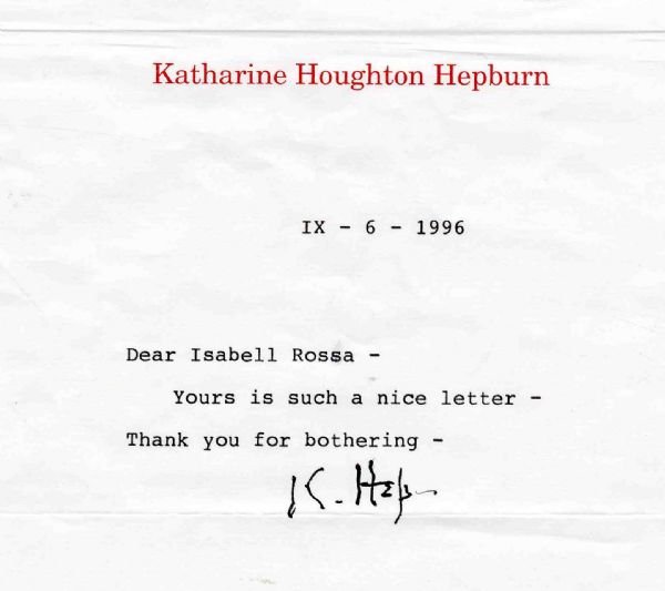 Katharine Hepburn TLS -- ''IX - 6 - 1996...such a nice letter...Thank you for bothering...'' -- Signed in Ink ''K. Hep-'' -- With Cover