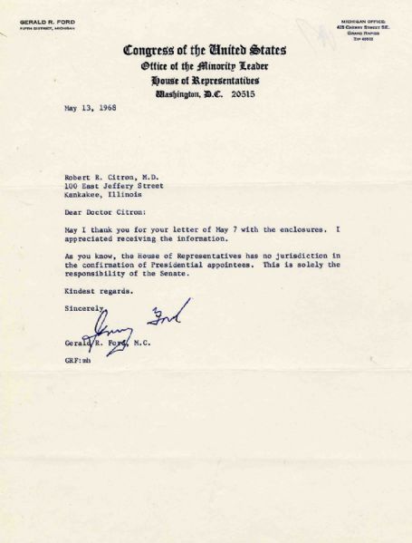 Gerald Ford TLS -- 1968 -- ''...the House of Representatives has no jurisdiction in the confirmation of Presidential appointees..''