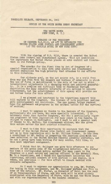 JFK Original 1961 Speech  on the  Signing of U.S. Arms Control Bill -- 8.5''x 14'' -- Near Fine