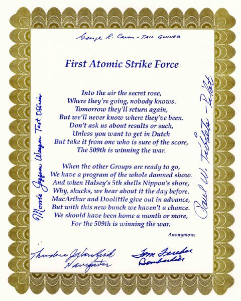 WWII Enola Gay Printed Poem Signed by Five Crew Members Including Tibbets, Jeppson, Caron & Ferebee -- Bold Signatures -- Fine Condition