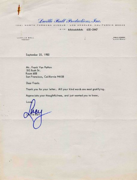 Lucy Ball Rare Typed Letter Signed -- ''Lucy'' on Lucille Ball Productions Inc. Letterhead -- 9 September 1980 -- 8.5'' x 11'' -- Very Good