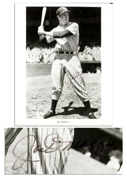 Joe DiMaggio 8'' x 10'' Signed Photo as Yankee -- With JSA COA -- .25'' Tear in Margin & Light Creasing -- Very Good Condition