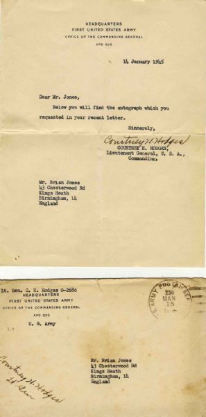 World War II General Courtney H. Hodges 1945 Typed Letter Signed and Envelope -- Very Good Condition