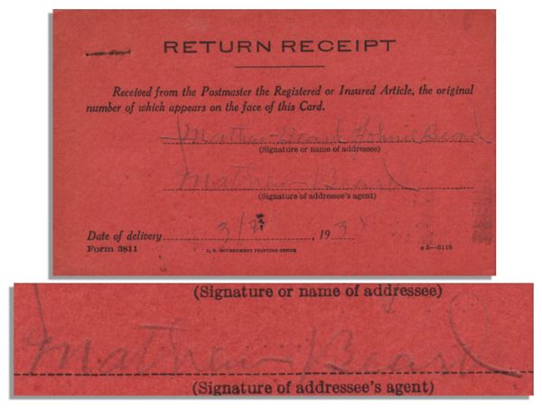 Matthew ''Stymie'' Beard Signed Postal Receipt, 1935 -- Hal Roach Studios -- Measures 5'' x 3'' -- Pencil Writing Light, Near Fine