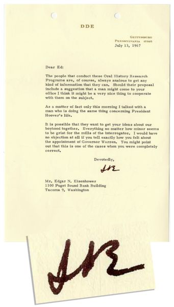 Dwight D. Eisenhower 1967 Typed Letter Signed -- Mentioning the President's Regret Over His Appointment of Chief Justice Earl Warren