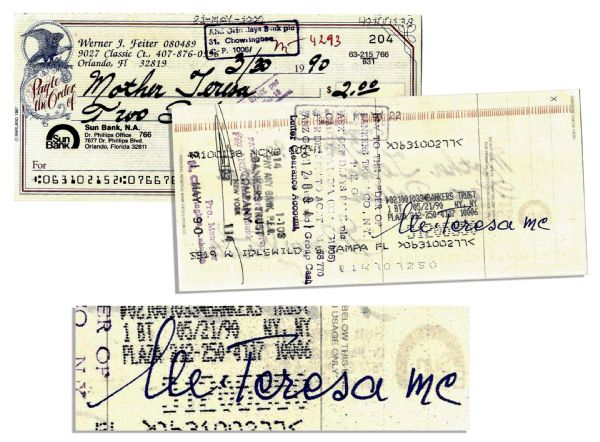 Mother Teresa Endorsed Check -- Donation Check to Her for $2.00 -- 6'' x 2.5'' -- Very Good
