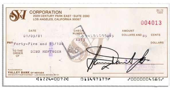 Sammy Davis, Jr. Boldly Signed Check From 9 January 1981 -- 7'' x 3.5'' Check Is Near Fine