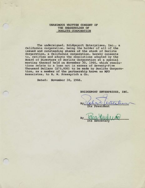 Robert Mitchum Contract Signed -- 30 November 1966 -- Near Fine