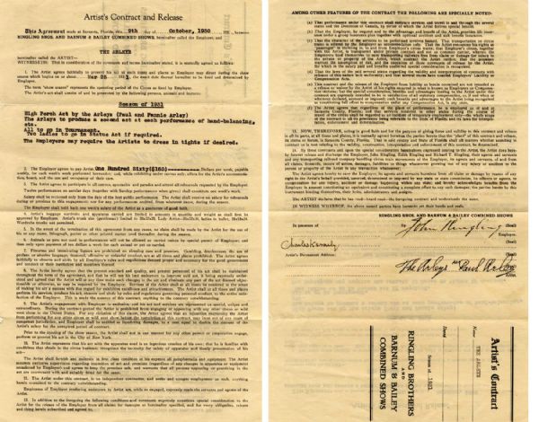 Rare 1930 Contract Signed by Circus Mogul John Ringling for a ''High Perch Act'' -- ''The Employers May Require the Artists to Dress in Tights if Desired'' -- Fascinating Piece of Circus History