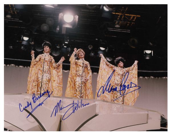 The Supremes Signed 14'' x 11'' Glossy Photo -- In Blue Ink: ''Cindy Birdsong / Mary Wilson / Diana Ross'' -- Near Fine -- Wehrmann COA