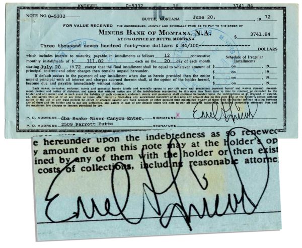 Evel Knievel 1972 Document Signed -- One Month After Serious Injury & as He Planned to Jump Over the Snake River 